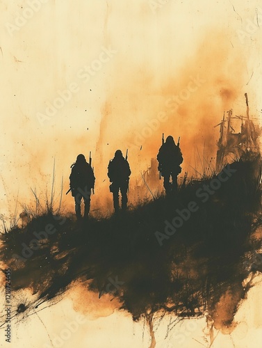 Silhouettes of soldiers at the front seen from behind, war scenes. Generative Ai