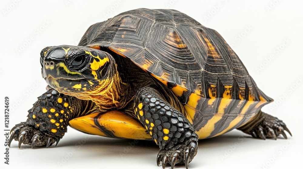 Fototapeta premium Colorful Turtle with Striped Shell Crawling on White Background