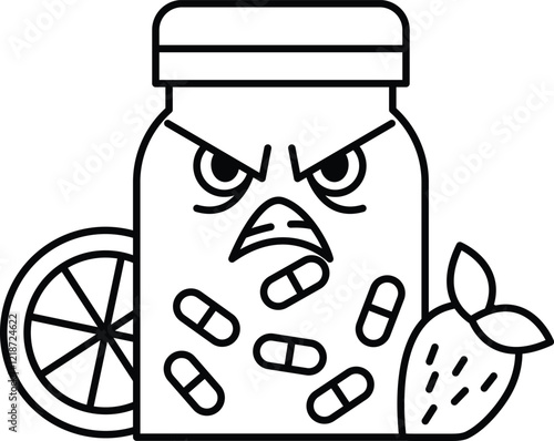 A cartoon of a jar with pills and fruit