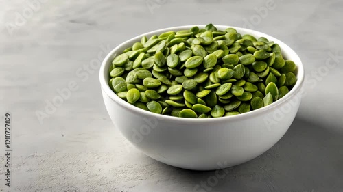 Fresh green pumpkin seeds filling a white bowl, placed on a gray background, representing healthy eating and natural ingredients video 4k