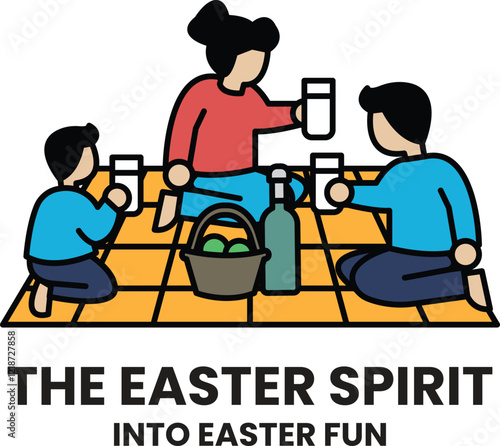 A family is enjoying a picnic on a blanket