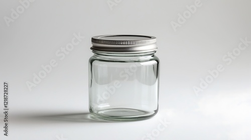 Empty Glass Jar with Silver Lid on White Background