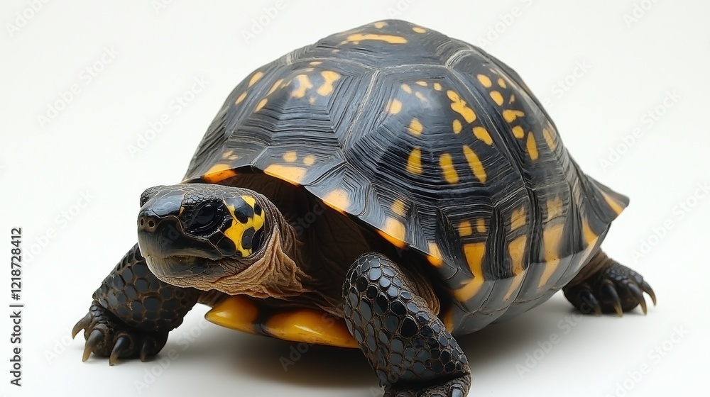 Obraz premium Colorful Yellow Spotted Turtle on White Background in Natural Pose