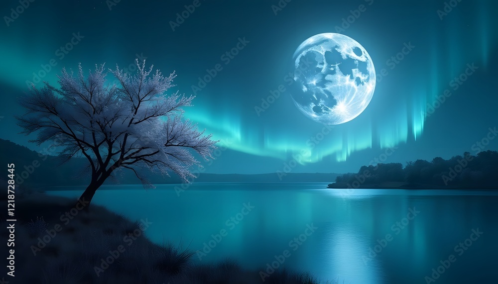Majestic moonlit night with auroras reflecting over a serene lake landscape Majestic moonlit night with auroras reflecting over a serene lake landscape