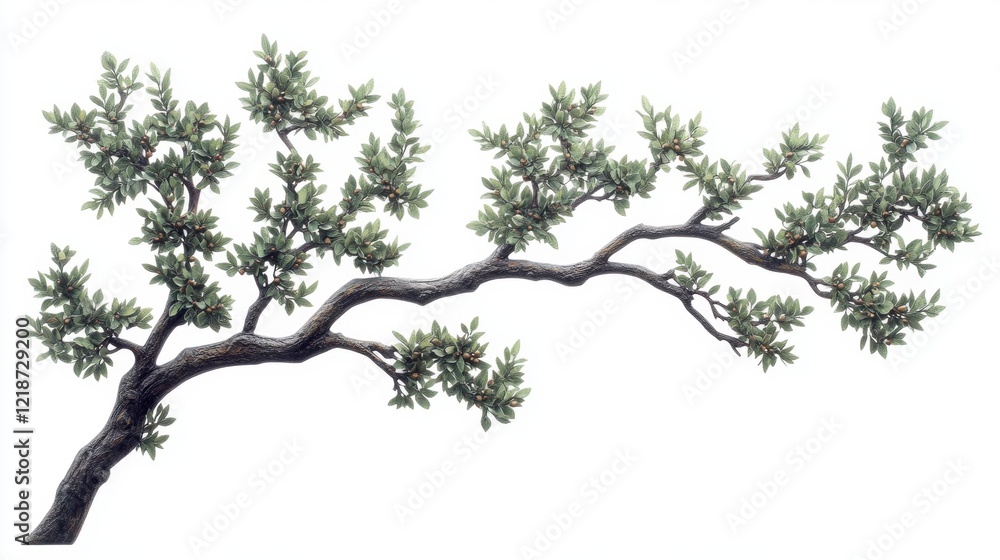 Artistic Almond Tree Branch with Green Leaves and White Background Artistic Almond Tree Branch with Green Leaves and White Background