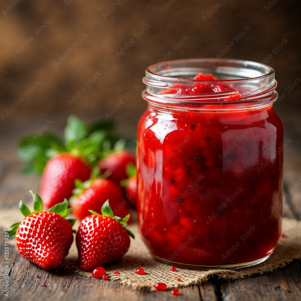 Concept photo of strawberry jam in a glass jar Concept photo of strawberry jam in a glass jar