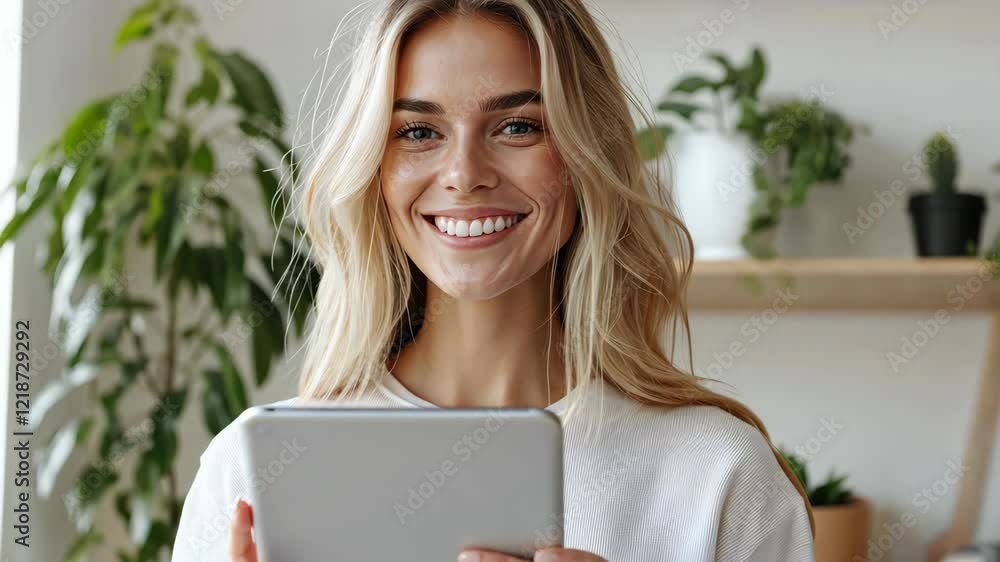 Portrait of beautiful young blonde woman holding tablet and smiling in home office with plants on shelves in background video 4k Portrait of beautiful young blonde woman holding tablet and smiling in home office with plants on shelves in background video 4k