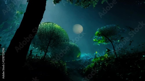 Enchanted night walk through a magical forest under moonlight