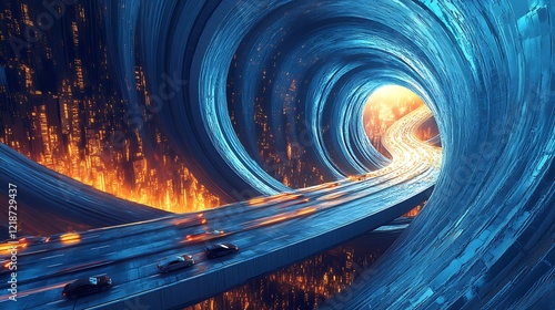 Futuristic Roadway Inside a Dazzling Light Tunnel with Fiery Highlights : Generative AI photo