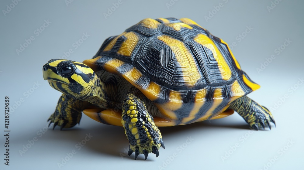 Obraz premium Colorful turtle figurine with yellow and black stripes on gray backdrop