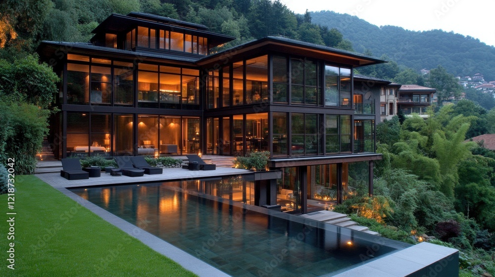 Modern luxury villa with glass facade and beautiful outdoor setting Modern luxury villa with glass facade and beautiful outdoor setting