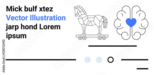Geometric Trojan horse, stylized brain with heart, blue and black text Vector Illustration sample text. Ideal for technology, health, creativity, education, innovation, strategy, and design. Landing