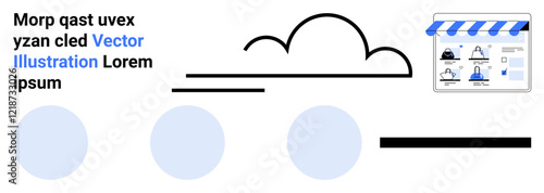 Abstract graphic featuring cloud shape, blue dashboard storefront symbol, and round elements in light blue. Ideal for e-commerce, online stores, digital marketplace, web services, cloud computing