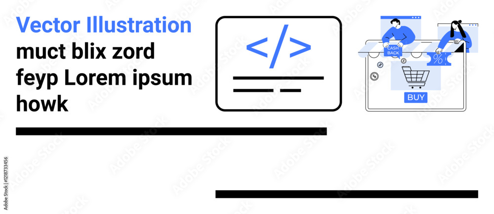 Tablet displaying coding symbols, two people interacting with a shopping cart interface, text placeholders. Ideal for e-commerce development, web design, coding tutorials, online shopping, software Tablet displaying coding symbols, two people interacting with a shopping cart interface, text placeholders. Ideal for e-commerce development, web design, coding tutorials, online shopping, software