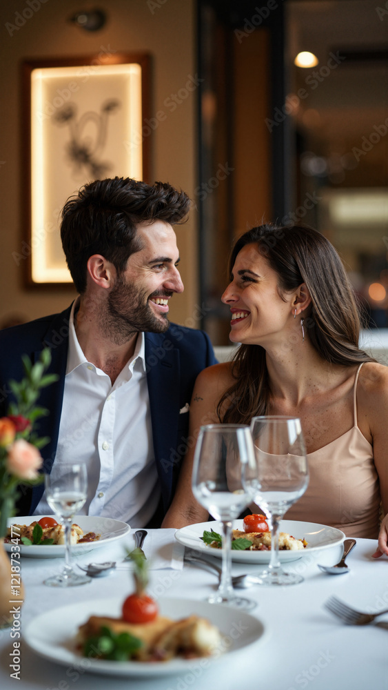 Romantic Fine Dining Scene: Couple Enjoying an Intimate Meal in an Upscale Restaurant, Perfect for Restaurant Ads, Culinary Blogs, and Lifestyle Content Romantic Fine Dining Scene: Couple Enjoying an Intimate Meal in an Upscale Restaurant, Perfect for Restaurant Ads, Culinary Blogs, and Lifestyle Content