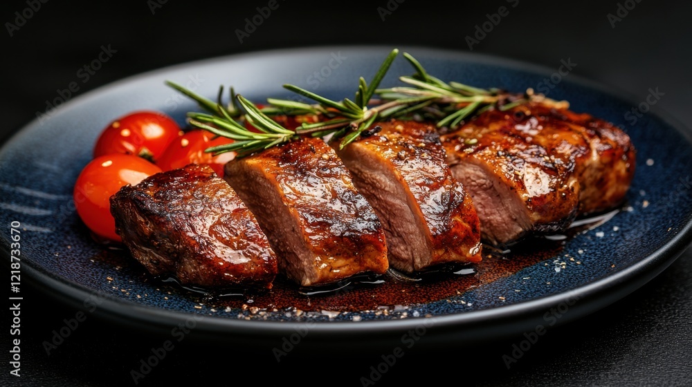 Grilled steak with rosemary cherry tomatoes on plate Grilled steak with rosemary cherry tomatoes on plate