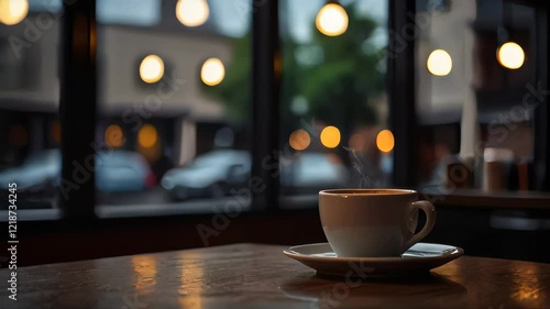 Coffee cup on a table with a blurred window and warm ambient lights behind