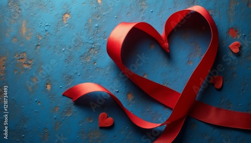 A striking red ribbon elegantly twists to form a heart shape, set against a rich blue backdrop. This captivating composition evokes feelings of love and passion, enhanced by tiny red hearts scattered photo