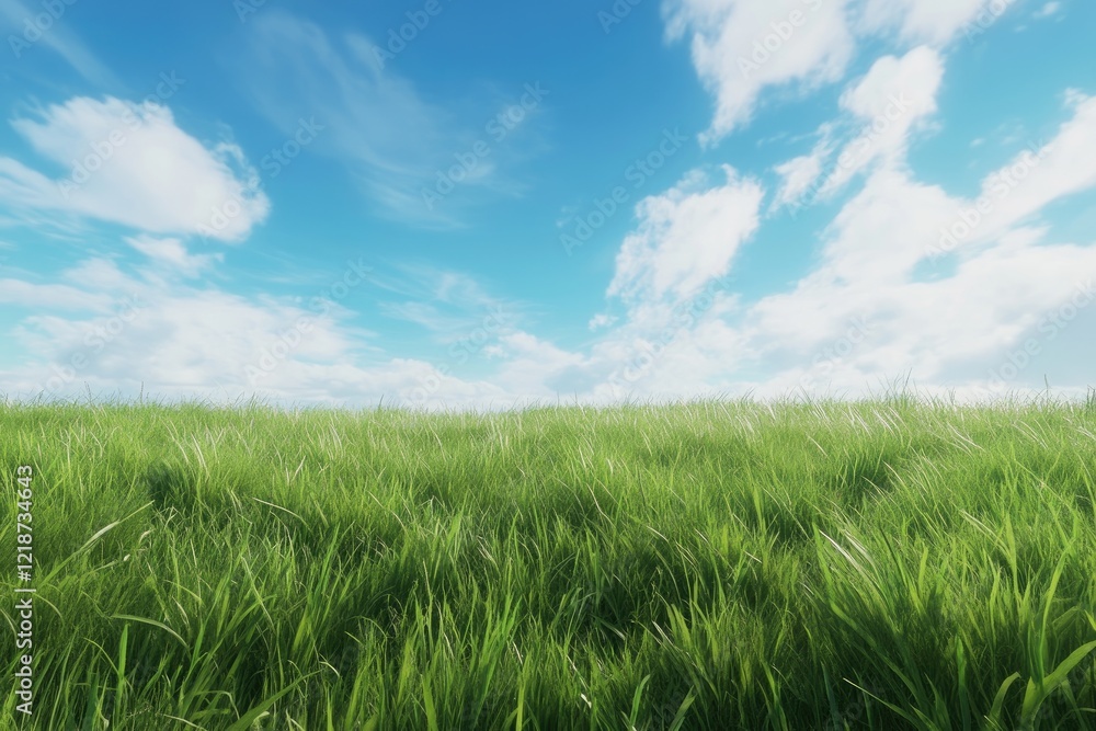 A serene landscape featuring lush green grass under a bright blue sky with fluffy clouds. A serene landscape featuring lush green grass under a bright blue sky with fluffy clouds.