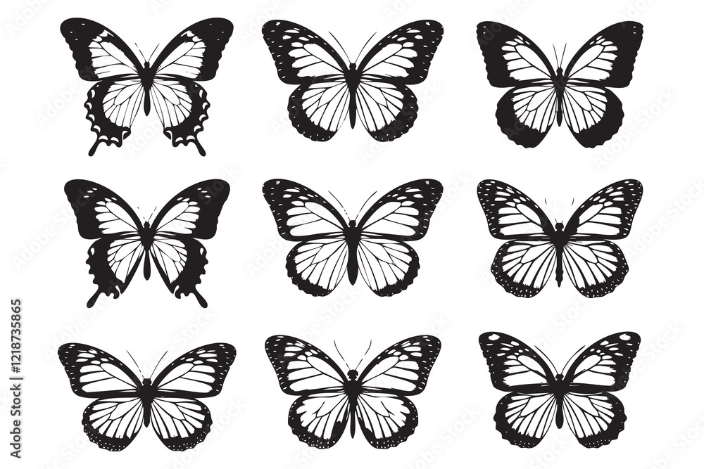 A collection of nine detailed black and white silhouettes of butterflies A collection of nine detailed black and white silhouettes of butterflies