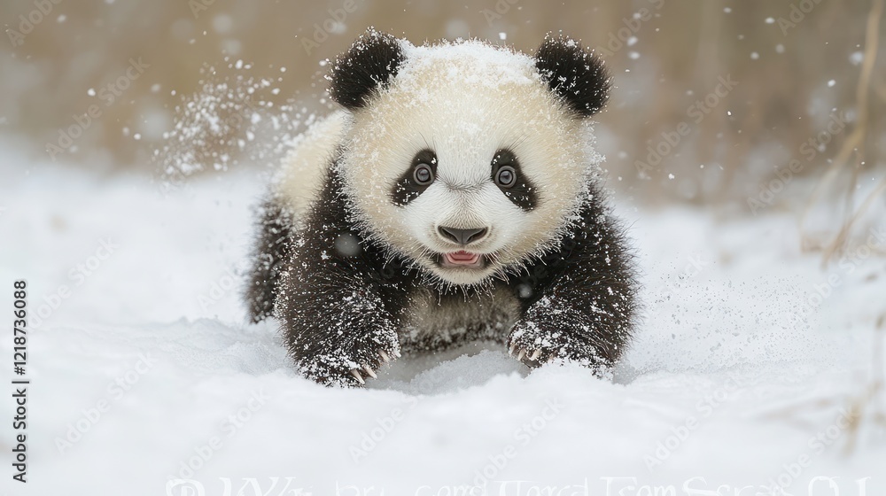 Panda cub playing snow, winter reserve Panda cub playing snow, winter reserve