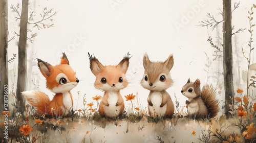 Fototapeta Naklejka Na Ścianę i Meble -  Charming woodland creatures in a watercolor illustration with delicate flowers and soft tones in a magical forest setting. Generative AI