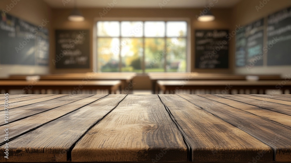 Empty wooden table top and blur room on blur classroom feel calm and relax at school Empty wooden table top and blur room on blur classroom feel calm and relax at school