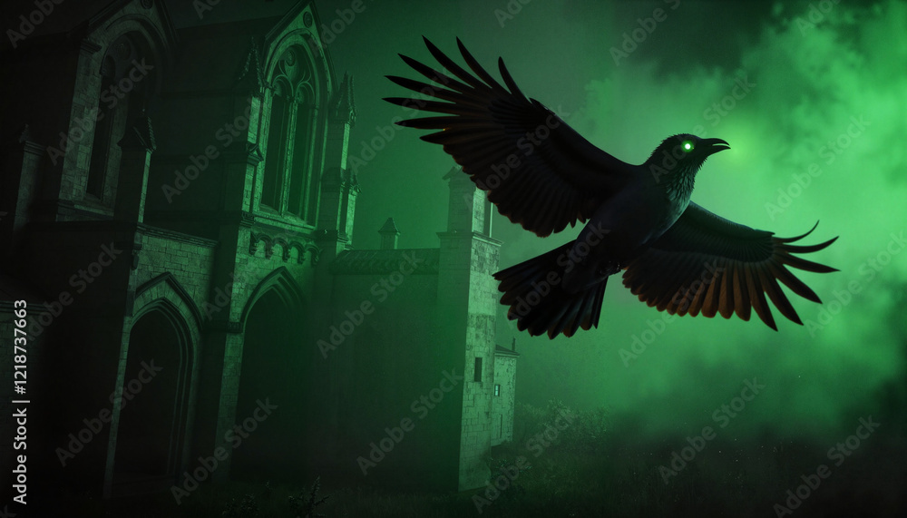Fototapeta premium Glowing green-eyed raven flying through ruined cathedral, gothic surrealism