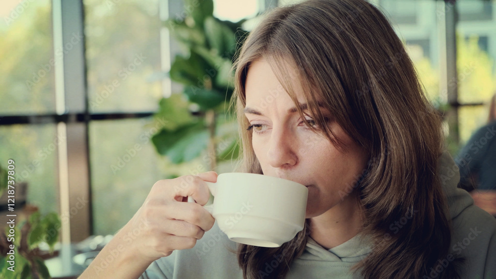 A beautiful young woman drinks her coffee with a cup in her hand with a thoughtful look. A beautiful young woman drinks her coffee with a cup in her hand with a thoughtful look.