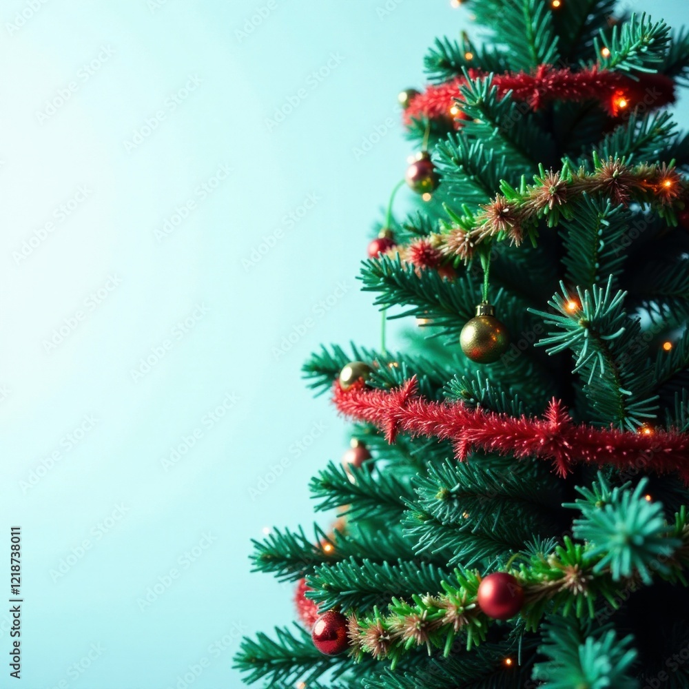 A festive red and green garland wrapped around a blue Christmas tree, green, blue color scheme A festive red and green garland wrapped around a blue Christmas tree, green, blue color scheme