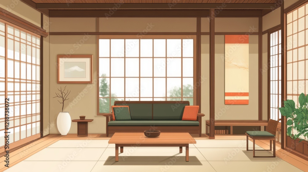 Fototapeta premium A Serene, Minimalist Japanese-Style Living Room Bathed In Soft Sunlight. The Room Features A Comfortable Sofa, Coffee Table, And Traditional Shoji Screens. It Evokes Feelings Of Calm And Tranquility.