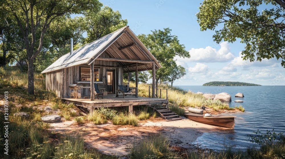 Obraz premium Rustic Wooden Cabin by the Lake Shores Serenity