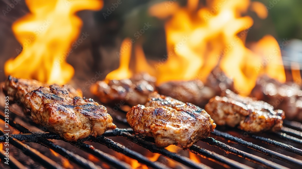 Grilled Chicken Pieces Cooking Over Open Flames Grilled Chicken Pieces Cooking Over Open Flames