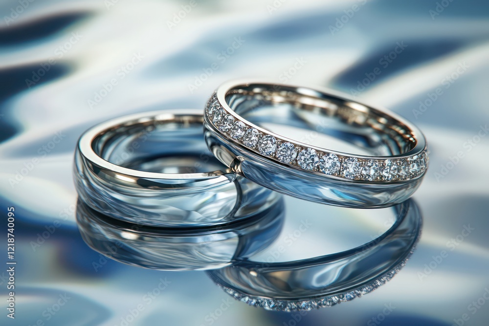 Two elegant silver rings with diamonds on a reflective blue and white surface Two elegant silver rings with diamonds on a reflective blue and white surface