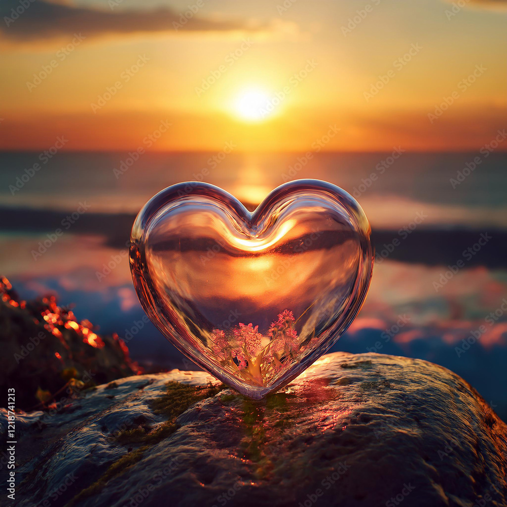 Fototapeta premium A transparent heart-shaped glass sculpture resting on a rocky shoreline at sunset.