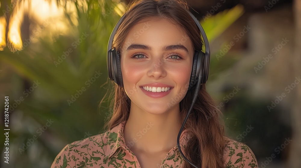 Young woman smiling outdoors with headphones natural setting portrait photography bright mood Young woman smiling outdoors with headphones natural setting portrait photography bright mood