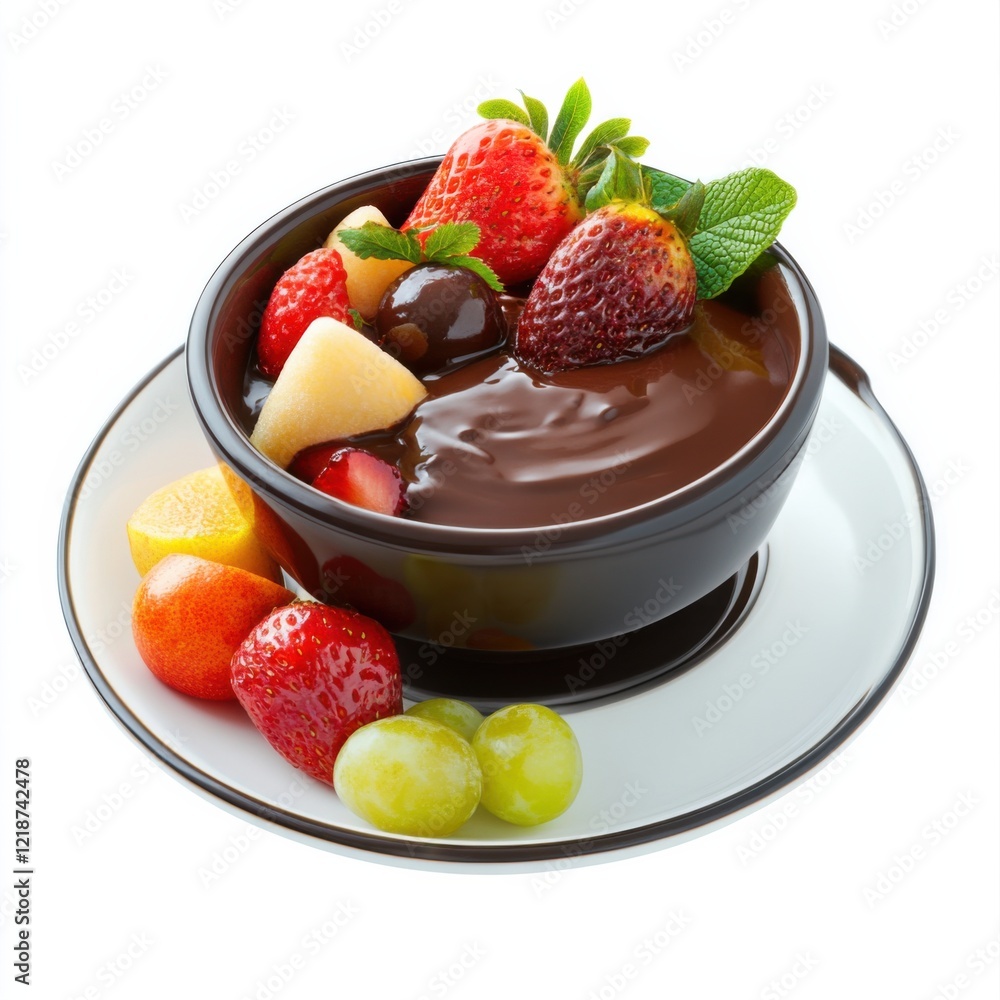 A decadent chocolate fondue with assorted dipping fruits, isolated white background, impressionist art style A decadent chocolate fondue with assorted dipping fruits, isolated white background, impressionist art style