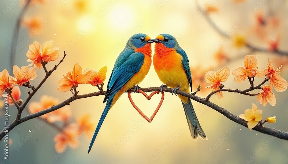 Two colorful birds kissing on a branch with heart-shaped flowers in a romantic spring setting Two colorful birds kissing on a branch with heart-shaped flowers in a romantic spring setting