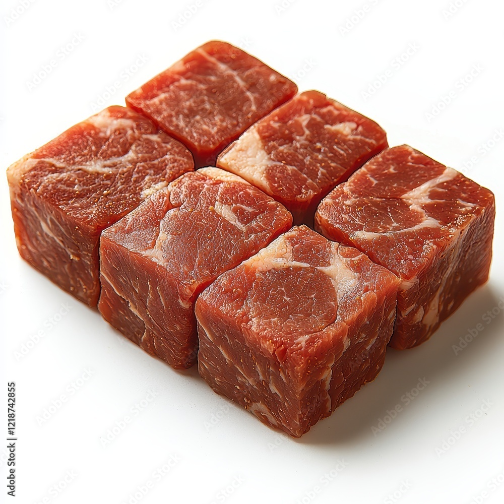 Raw cubes of fresh beef meat isolated on white background for culinary use Raw cubes of fresh beef meat isolated on white background for culinary use