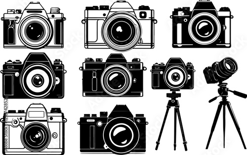 Illustration of a photo camera. Design element for logo, label, sign, poster, card. Vector illustration