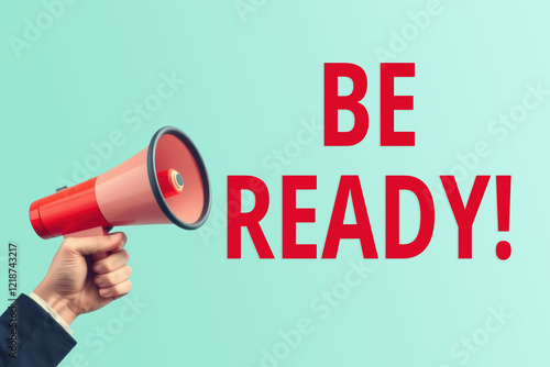 BE READY! text words inscription on the background of a megaphone photo