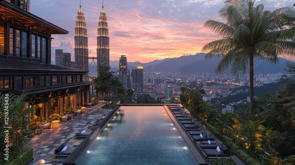 Naklejka premium Rooftop pool overlooking Kuala Lumpur cityscape at sunset