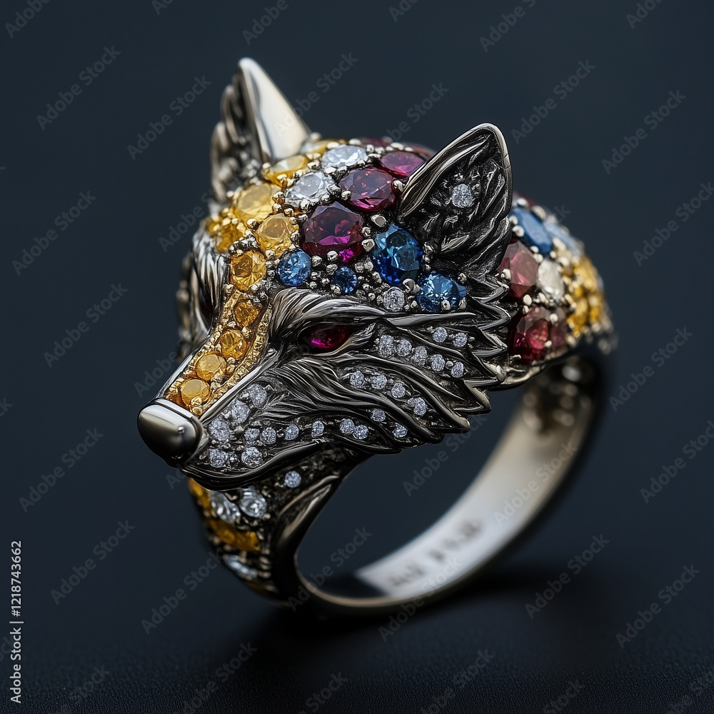 Fototapeta premium Metallic wolf shape ring decorated with gem stones.
