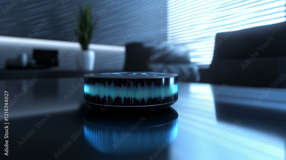 Sleek smart speaker with glowing voice waveforms in modern interior design. Generative AI Sleek smart speaker with glowing voice waveforms in modern interior design. Generative AI