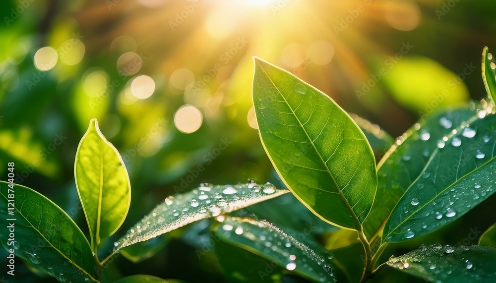 close up of dewdrops perched on vibrant green leaves illuminated by sunlight streaming through softly blurred background enhances fresh natural atmosphere evoking tranquility and beauty of nature close up of dewdrops perched on vibrant green leaves illuminated by sunlight streaming through softly blurred background enhances fresh natural atmosphere evoking tranquility and beauty of nature
