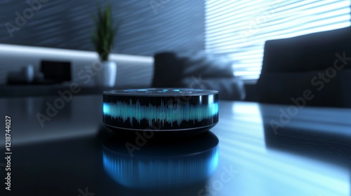 Sleek smart speaker with glowing voice waveforms in modern interior design. Generative AI photo