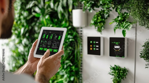 Person Using Tablet to Control Smart Home Technologies in Green Indoor Garden Setting with Plant Decor