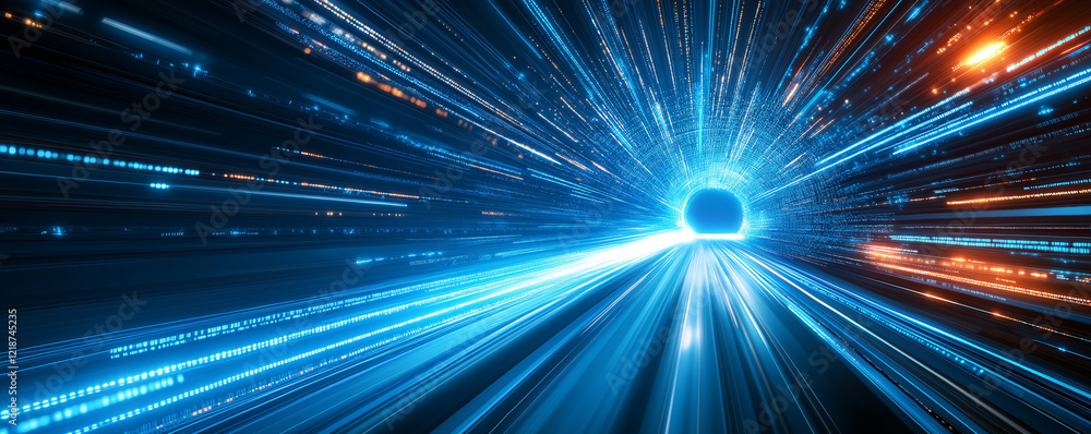 Naklejka premium Blue background with a light speed effect and geometric shapes for a technology vector presentation design concept.