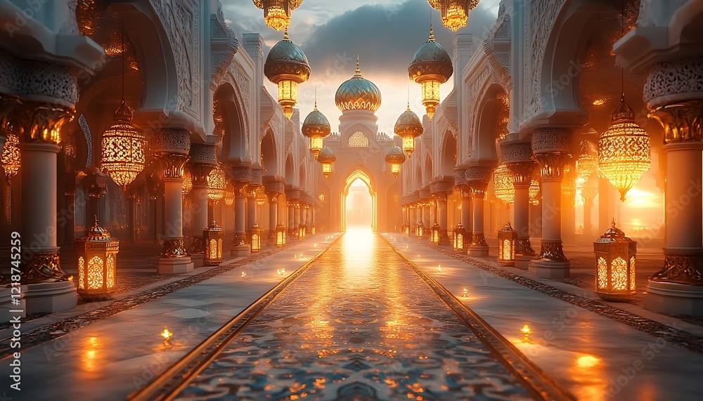 Fototapeta premium Sunset View Through an Ornate Mosque Corridor with Arches and Glowing Lanterns