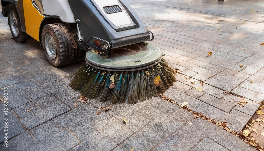 Street sweeper clearing leaves from a paved sidewalk during autumn season. Street sweeper clearing leaves from a paved sidewalk during autumn season.